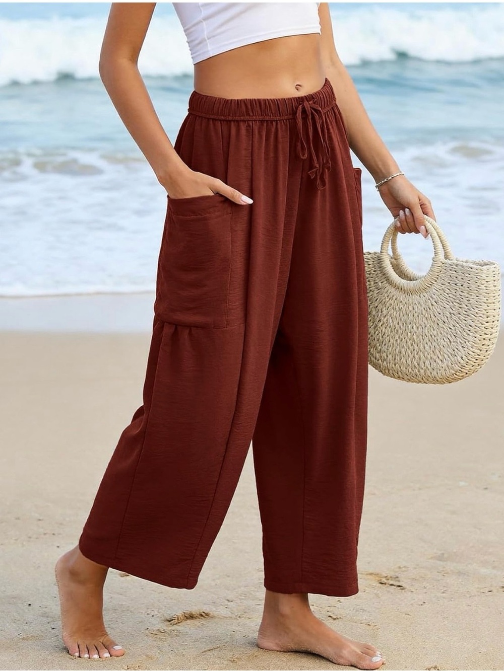 NWT Women’s Wide-Leg Drawstring Summer Pants in Brick! Size M/L - Picture 2 of 13